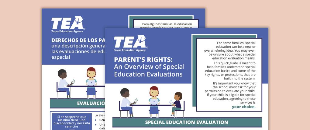 English and Spanish Texas Education Agency guides about parents’ rights in special education evaluations. The overlapping brochures feature blue covers with illustrations of children and adults seated at a table, along with informational text about special education evaluation services and family rights.