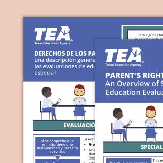 English and Spanish Texas Education Agency guides about parents’ rights in special education evaluations. The overlapping brochures feature blue covers with illustrations of children and adults seated at a table, along with informational text about special education evaluation services and family rights.