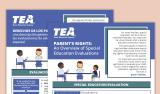 English and Spanish Texas Education Agency guides about parents’ rights in special education evaluations. The overlapping brochures feature blue covers with illustrations of children and adults seated at a table, along with informational text about special education evaluation services and family rights.